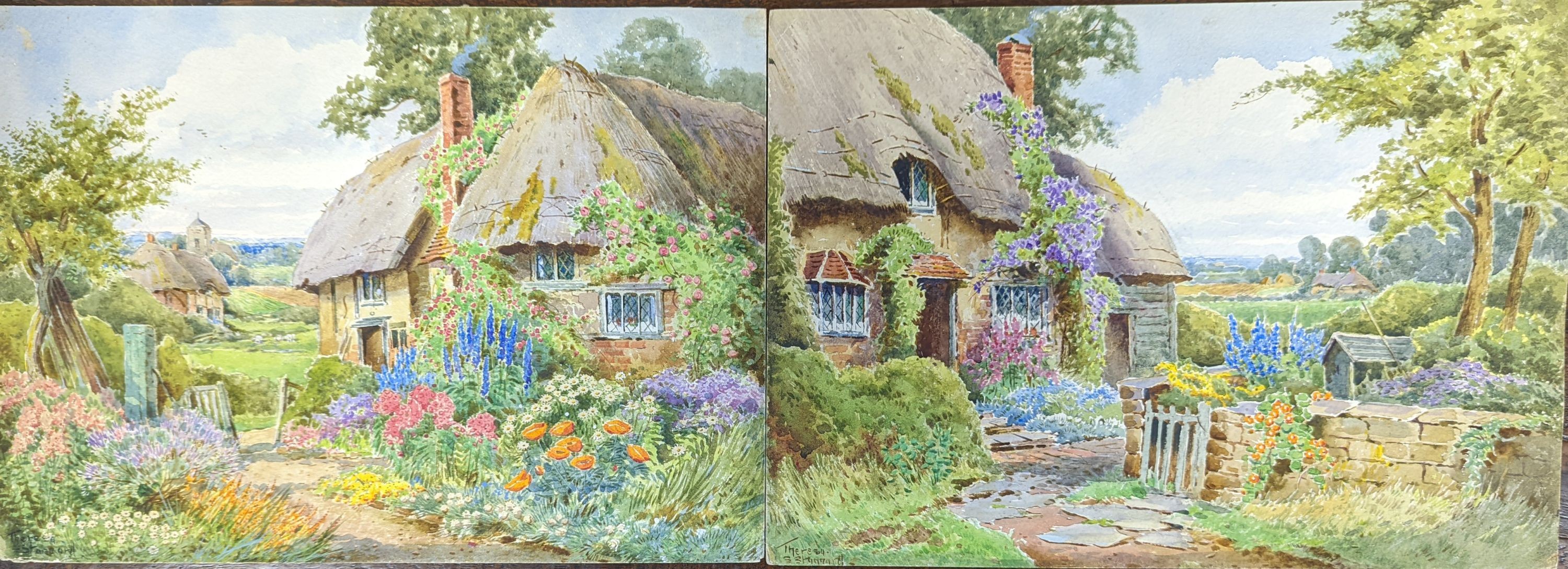 Theresa S. Stannard (1898-1947), two watercolours, 'In An Old World Garden' & Cottage with garden, signed, 27 x 38cm. both unframed.